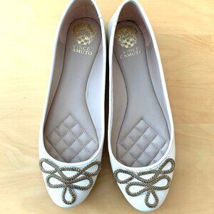 Vince Camuto White Leather Ballerina Flats With Gold Braid Detail